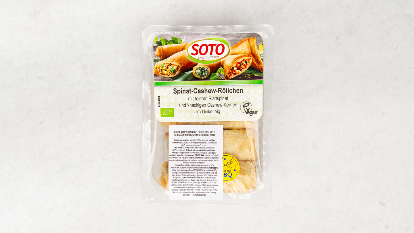 Soto - Bio veganske pirine rolice s špinačo in indijskimi oreščki, 200g