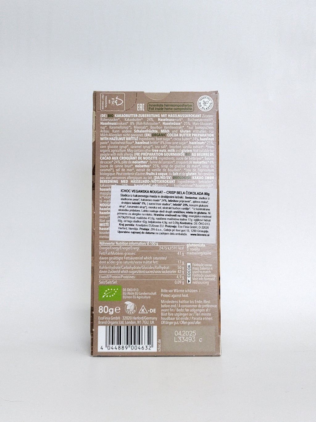 Ichoc - Bio veganska bela čokolada z nugatom in krispiji 80g