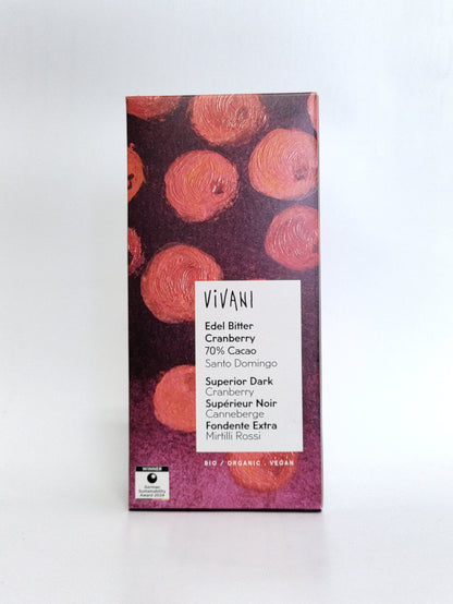 Vivani - Bio temna čokolada s 70% kakava, z brusnicami, 100g