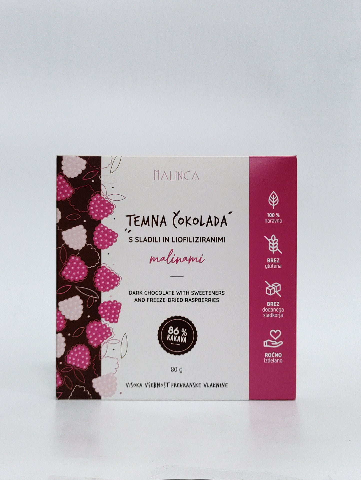 Malinca temna čokolada s stevijo - malina 80g