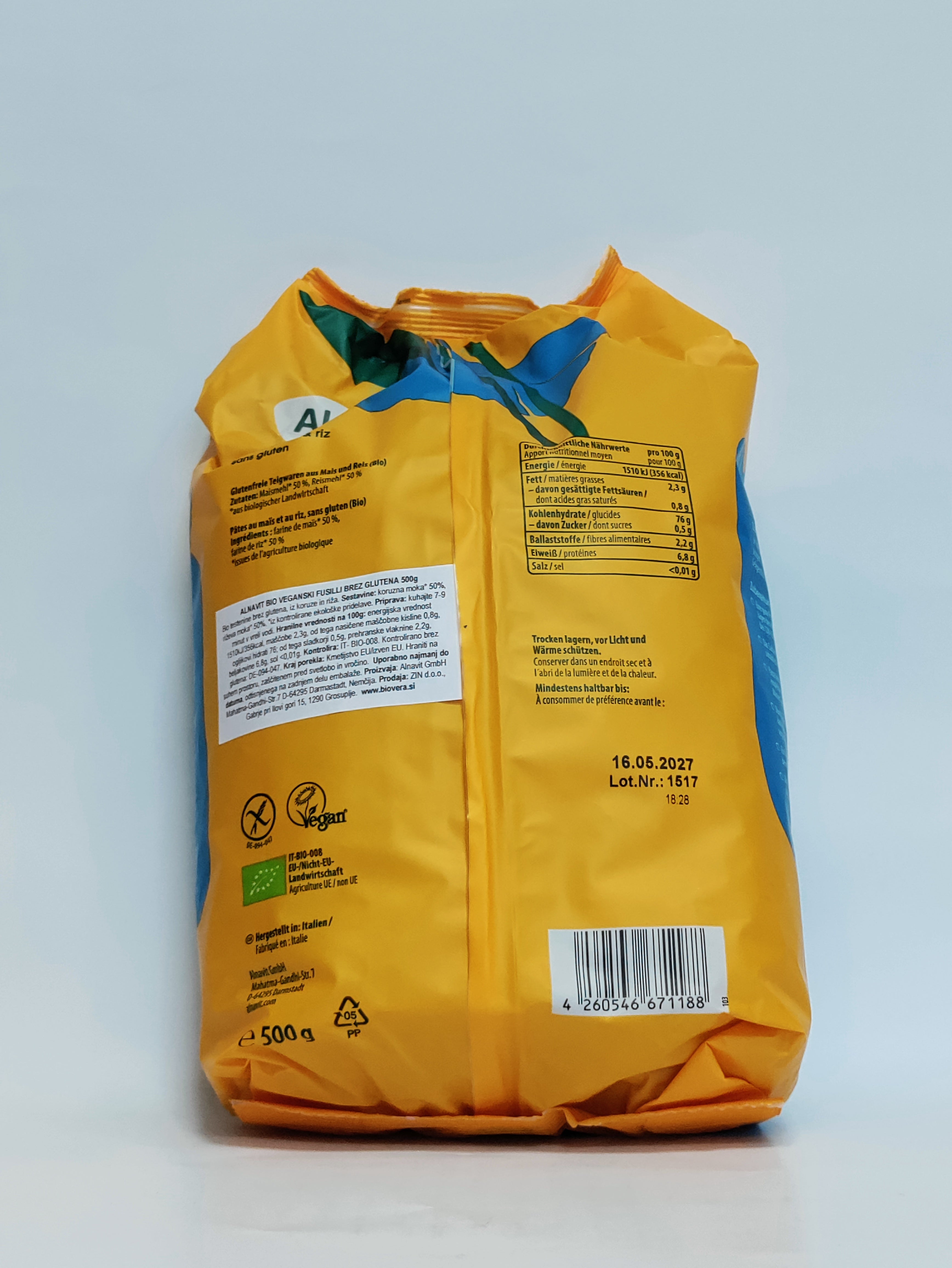 Alnavit - BIO veganski fusilli brez glutena, 500g