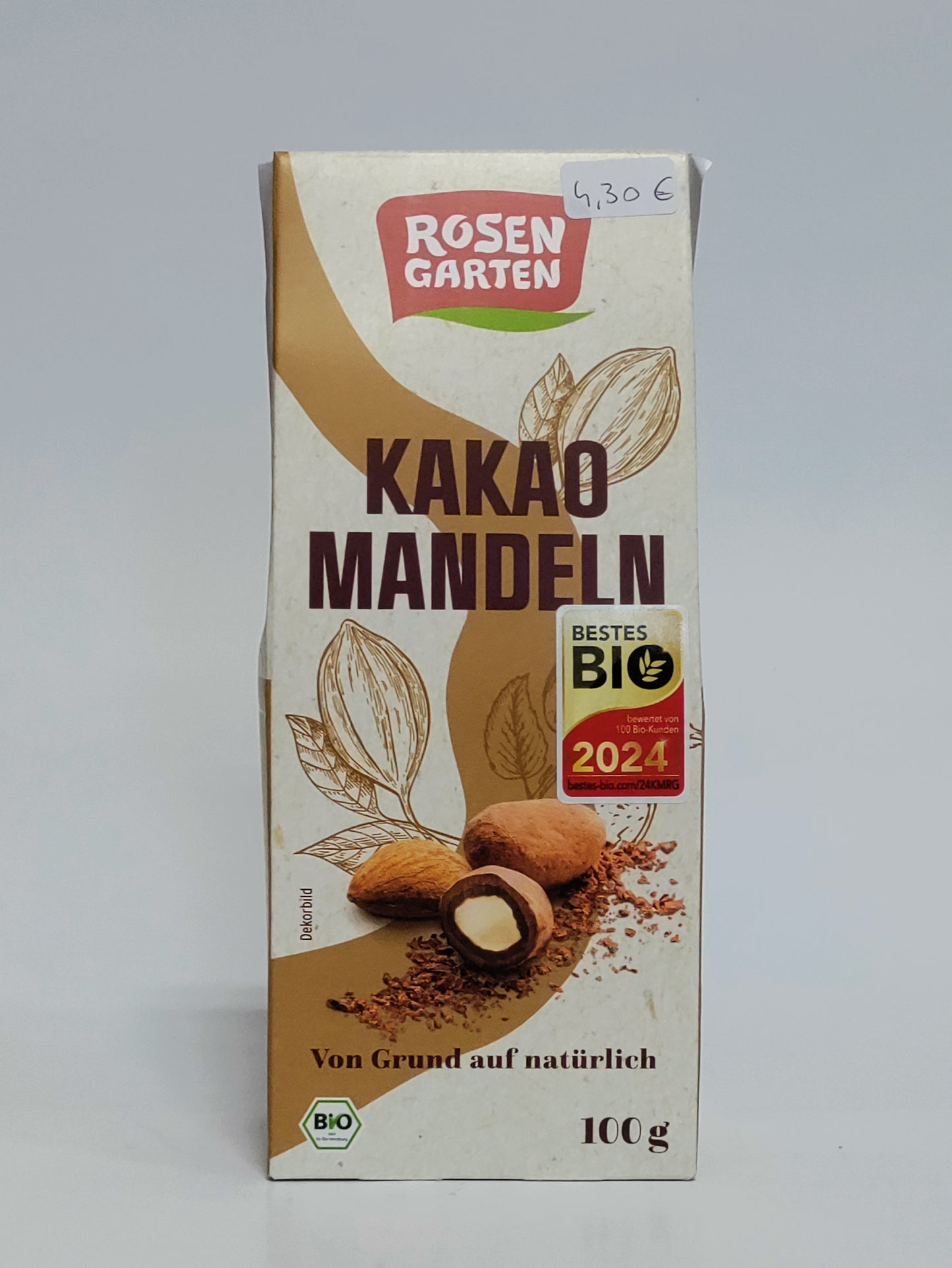 Rosengarten - Bio mandlji v temni čokoladi posuti s kakavom, 100g