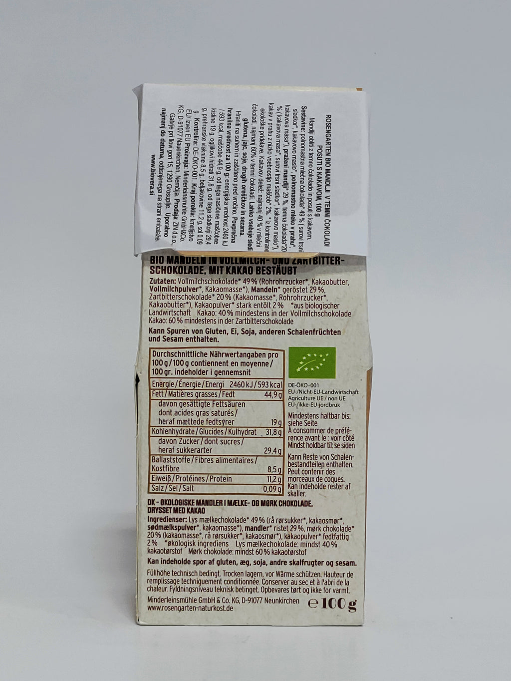Rosengarten - Bio mandlji v temni čokoladi posuti s kakavom, 100g